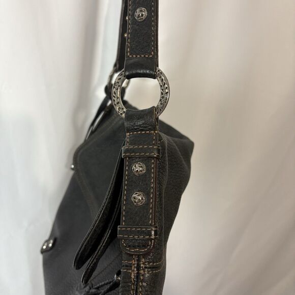 Brighton Bag Black Pebbled Leather Shoulder Foldover Purse Magnetic Boho Stitch - Picture 9 of 9